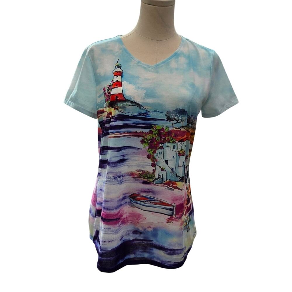 Chico’s Weekends Scenic Lighthouse Art T-Shirt Coastal Chico's Size 0 US Size S